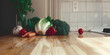 Vibrant Painting of Lettuce, Broccoli, Carrots, Tomatoes on Wooden Floor with Artistic Focus and Copy Space