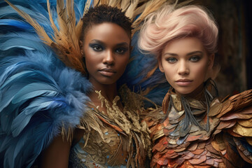 Elegant portraits of two women adorned with feathered outfits and detailed makeup, radiating sophistication and allure. Ideal for fashion, luxury, and beauty themes with a touch of fantasy.