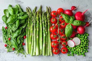 Wall Mural - A variety of fresh vegetables neatly arranged on a wooden table, showcasing colors and textures