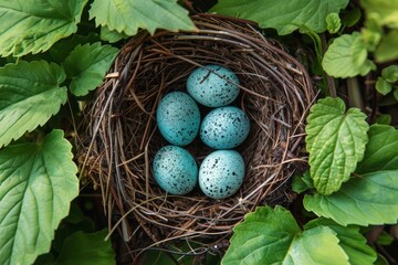 Wall Mural - A close-up view of a bird nest containing four eggs, resting safely in a tree