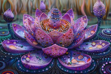 Sticker - A painting featuring a vibrant purple flower adorned with numerous bubbles