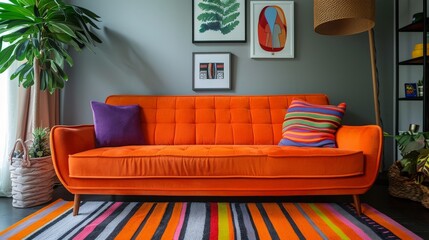 Canvas Print - A living room featuring a couch, rug, and several potted plants creating a cozy and inviting space