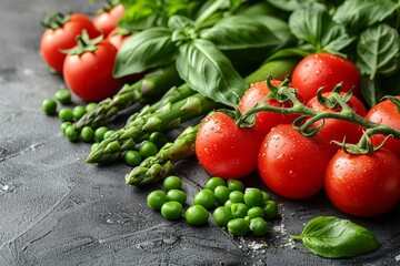Poster - Fresh produce including tomatoes, asparagus, and green beans arranged on a wooden table