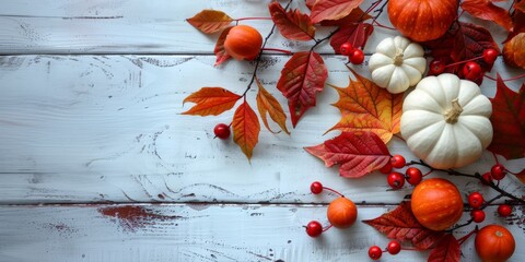 Poster - happy thanksgiving card, A group of pumpkins resting on a rustic wooden table, copy space