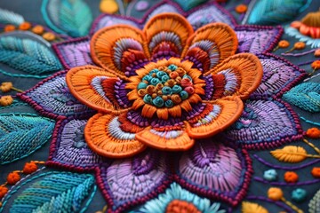 Aufkleber - A vibrant and multi-colored flower is captured up close, showcasing its intricate petals and vibrant hues, all resting on a wooden table
