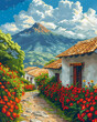 Vibrant Guatemalan Painting: Floral Path with Mountain Vista
