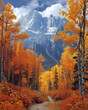 Vibrant Painting of Mountain with Orange Trees and Snowy Peak, North America, Canada