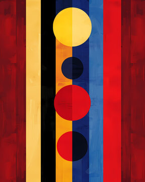 Bold and Colorful Abstract Art - Striped Background with Geometric Circles and Polka Dots for Interior Decoration and Posters