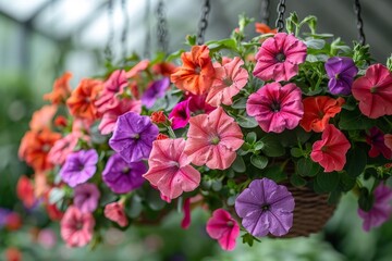 Poster - Several colorful petunia flowers are hanging from a wire against a plain background