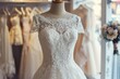 wedding dress is showcased on a mannequin in a clothing store, ready for customers to browse and purchase