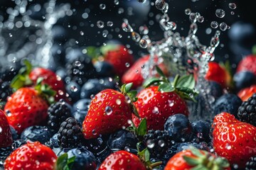 Poster - Fresh strawberries and blueberries being splashed with water, creating a dynamic and refreshing visual scene