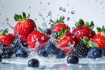 Poster - Fresh strawberries and blueberries are shown splashing into clear water, creating ripples and droplets