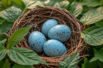 A nest filled with vibrant blue eggs sits atop fresh green leaves in a natural setting