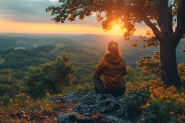 Canvas Print - A person is sitting on a rock, facing towards the horizon, observing the sun as it sets below the skyline