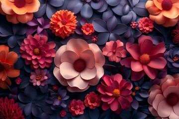 Poster - Several flowers of different colors and shapes arranged on a wall, creating a vibrant and eye-catching display