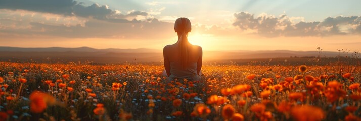 Wall Mural - Digital Detox. A woman is standing amidst a field of colorful flowers, with the sun setting in the background casting a warm glow over the scene