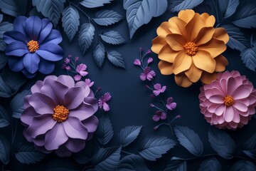 Poster -  vibrant flowers in different colors stand out against a solid black backdrop
