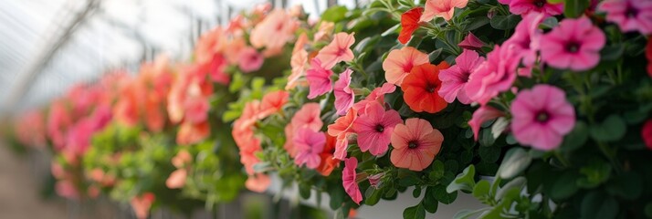 Wall Mural - A line of vibrant pink and red flowers blooming in a greenhouse with lush green leaves