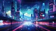 Abstract cyber cityscape with neon lights and digital billboards