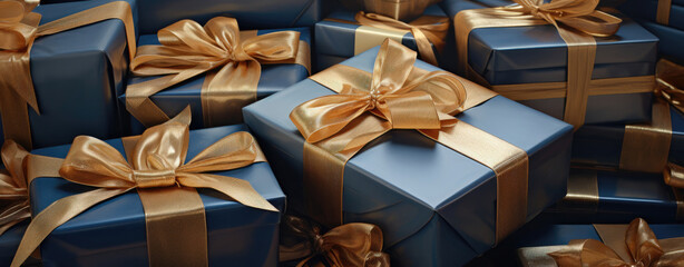 Wall Mural - navy blue gift boxes with golden ribbons in a close-up composition, exuding luxury and celebration.