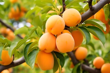 Apricots hanging from a tree branch in the Apricot orchard