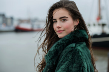 Wall Mural - Woman wearing a green fur coat and earrings is smiling