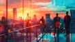 © Justlight - Defocused backdrop of a bustling cityscape showcasing a team of professionals engaged in a productive meeting on a rooftop terrace surrounded by tall buildings and a colorful sunset. .