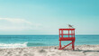 Bright red lifeguard stand on a peaceful beach with a seagull companion under blue skies