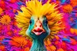 a duck with hair like a flower trying to get attention, in the style of pop art explosion