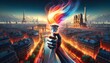 A vibrant Olympic flame against the colorful Paris backdrop, emphasizing the historic and cultural significance of the Olympics in the heart of Paris, ideal for high-resolution displays.