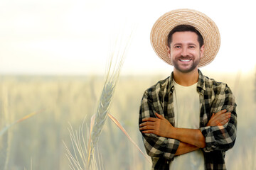 Poster - Double exposure of happy farmer and wheat field. Space for text