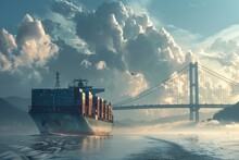 Container Ship Passing Beneath A Towering Suspension Bridge, Symbolizing Global Trade Connections.