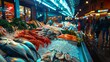 A colorful seafood market bustling with activity, showcasing an array of freshly caught fish, shellfish, and crustaceans on ice.
