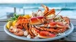 A mouthwatering seafood platter, brimming with succulent lobster, shrimp, and crab legs, served against a backdrop of ocean waves.