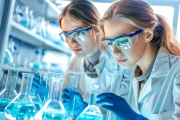 Wall Mural - Group of scientists doing research conducting experiments doctors researching performing tests university students medical laboratory scientific treatment biotechnology discovery genetics chemistry