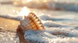© chanidapa - Close-up of a seashell washed up on the shore, glistening in the sunlight against the backdrop of sand and sea foam.