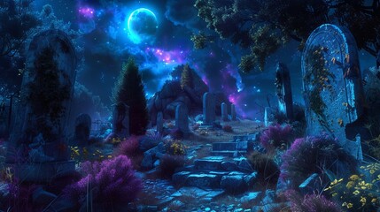 Graveyard at night, Tombstones glowing under the moonlight, creating an enchanted atmosphere