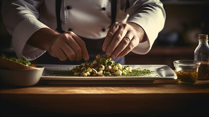 Wall Mural - A close-up of a chef's hands seasoning a dish,