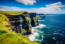 Famous Cliffs Of Moher At Sunset In Co. Clare Ireland Europe. Beautiful Landscape As Natural Attraction.