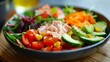 A closeup of a plate filled with colorful vegetables and highquality proteins a staple on the Bulletproof Diet. .