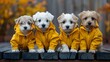 Adorable Maltese Puppies in Yellow Raincoats. Concept Pet Portraits, Fashionable Dogs, Cute Canine Friends, Rainy Day Fun