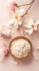 Magnolia flower powder extract on wooden bowl, best natural ingredient skincare treatment