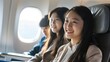 Sunny day, the picture is bright, Asian college students sitting in the business first class of the plane, real photo , digital photography
