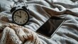 An alarm clock next to a phone with the words Set a tech curfew for better sleep written above emphasizing the link between excessive screen time and disrupted sleep .