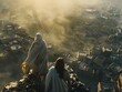 From above, a serene yet sad depiction of Jesus and Allah watching a clash between religious groups, captured in 4K clarity, noise-free environment