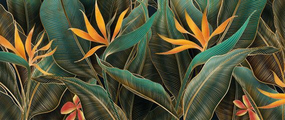 Sticker - Art background with tropical plants, leaves and flowers with golden elements in line style. Vector botanical banner for decoration, wallpaper, print, textile, interior design, poster.