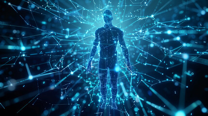 Poster - Virtual human hologram virtual Ai assistant, modern artificial intelligence technology, digital cyber tech wallpaper 