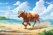 Anime style illustration, a bull running on a beautiful beach