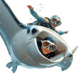 A 3D cartoon render of a brave snorkeler being rescued by a mantaray.