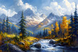 A serene mountain river flowing through a lush forest with majestic mountains in the background.